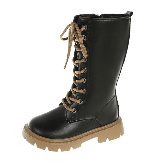 Ticikt Girls Lace Up Tall Knee High Boots, Side Zipper Platform Non Slip British Style Princess Fashion Long Boots,BK1