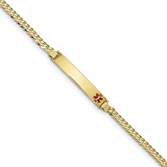 14K Yellow Gold Medical Red Enamel Flat Curb Link ID Bracelet