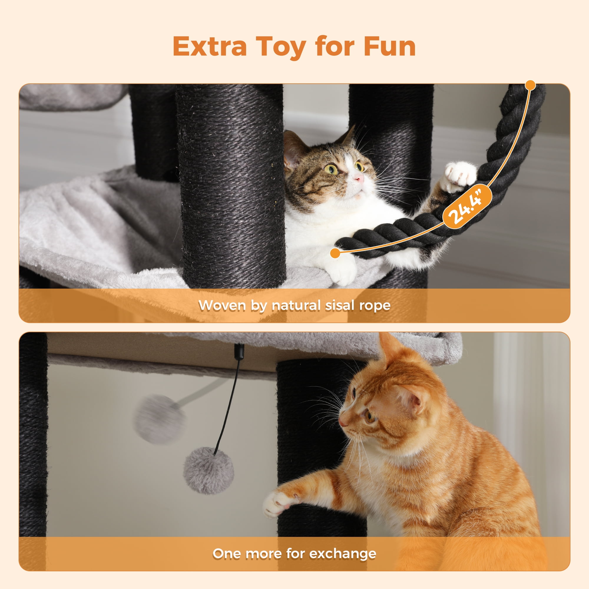 PAWZ Road 67" Extra Large Cat Tree, Thick Scratching Posts Multi-level Cat tower with 3 Hammocks, Black