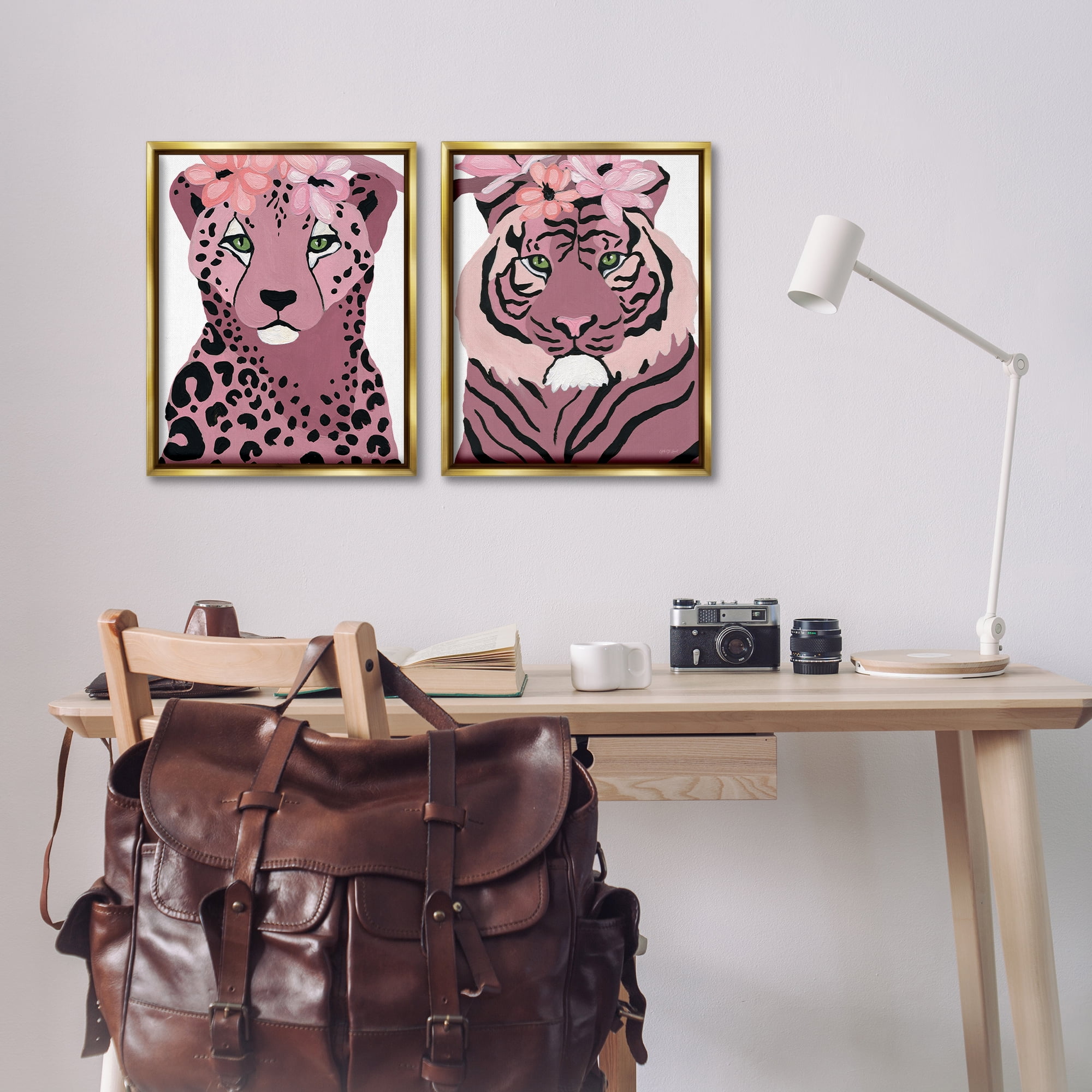 Stupell Industries Floral Cheetah Tiger Animals Painting Gold Floater Framed Canvas Art Print Wall Art, 17 x 21, Set of 2