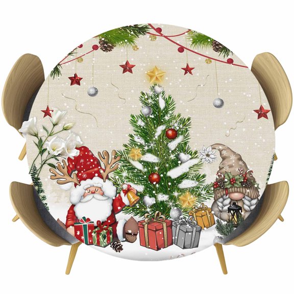Beige Christmas Round Tablecloth, Fitted Table Cover with Elastic for 55"-60" Round Tables, Gnomes Xmas Tree Snowflake Winter Gifts Rustic Table Cloth Outdoor Dinning Party Waterproof Tablecloths
