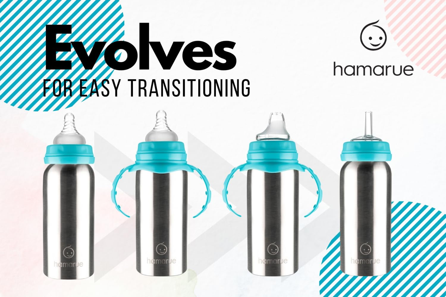 Hamarue 3-in-1 Stainless Steel Sippy Cups for Babies & Toddlers | Non-Toxic Insulated Baby Bottle | BPA-Free | Ages 3M+ | Evolving Feeding Solution