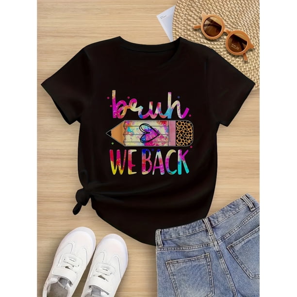 Camiseta de algodón puro de manga corta para niña con cuello redondo. Es informal y cómoda. Se puede usar todo el año. Un estilo enérgico y divertido para la vuelta al cole, ideal para niñas.