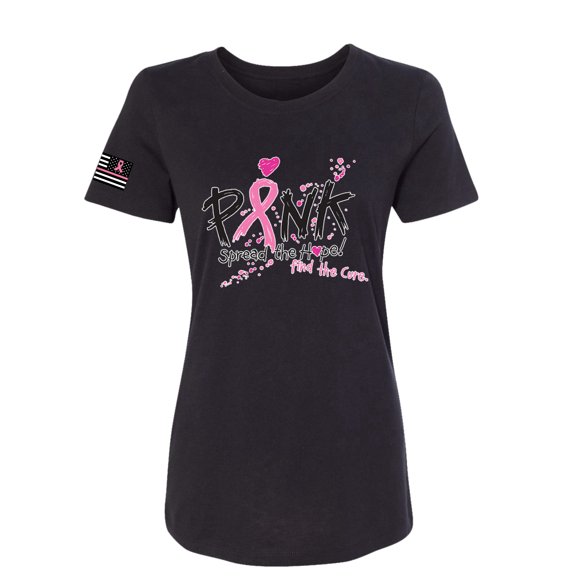 Wild Bobby Ribbon Pink Spread the Hope Find the Cure USA Flag Sleeve Breast Cancer Awareness Women Slim Fit Junior Tee, Black, Small