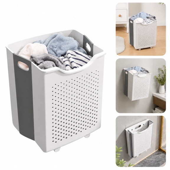 Wall Mounted Collapsible Laundry Hamper, Space Saving Foldable Dirty Clothes Organizer with Carry Handle for Bathroom Apartment Dorm Laundry Room