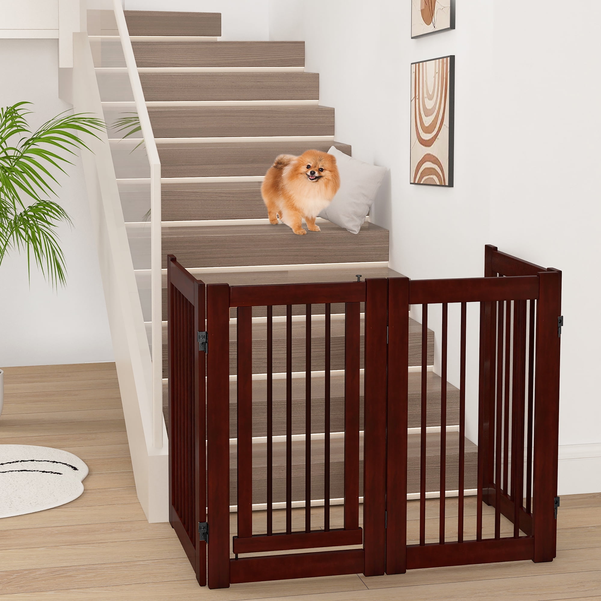 Gymax Freestanding Pet Gate 30'' Tall 4-Panel Wooden Dog Fence Solid Wood Foldable