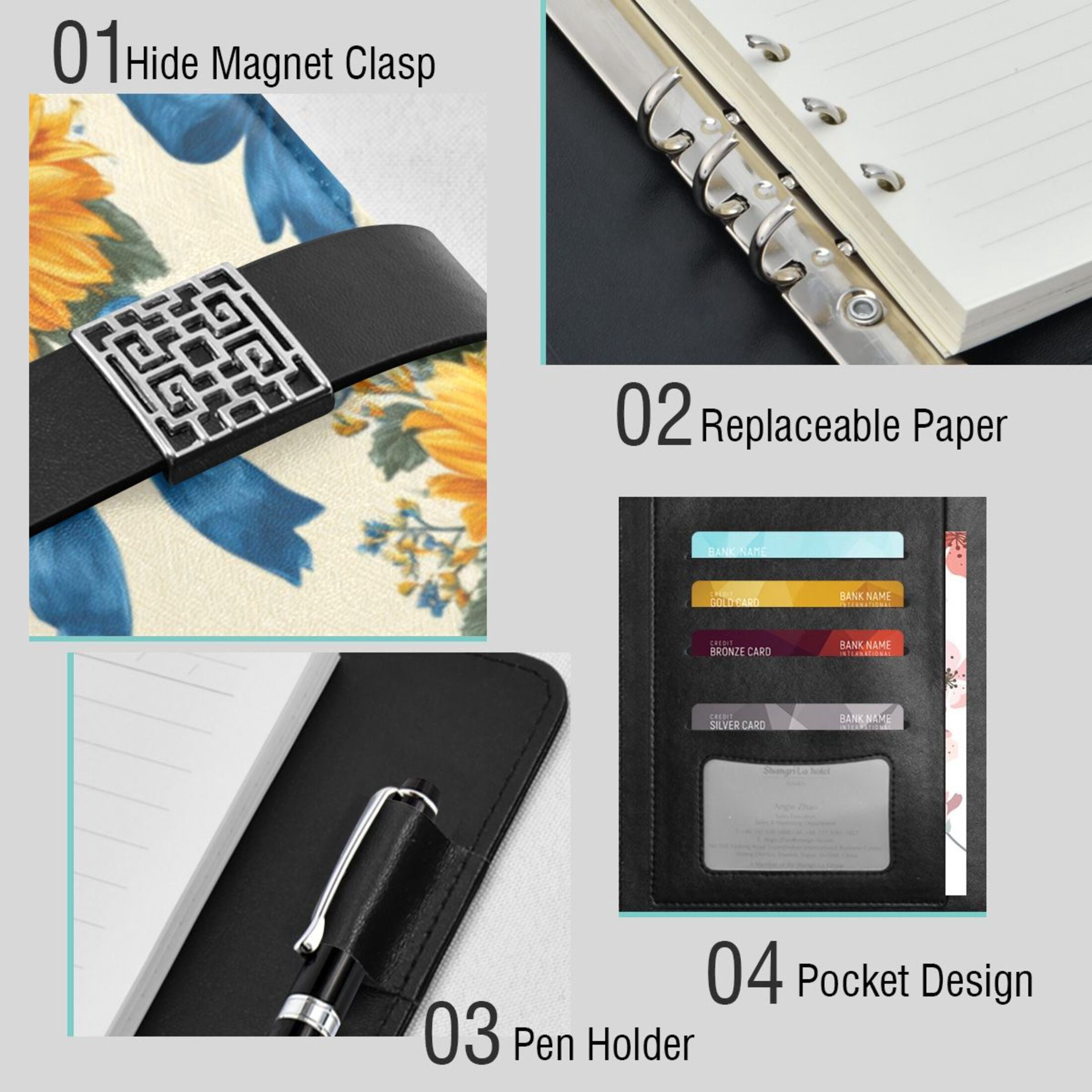 Leather Planner Leather Notebook Notebook Journal Binder Design Pen Pocket Design Convenient for Storage Sunflowers and Blue