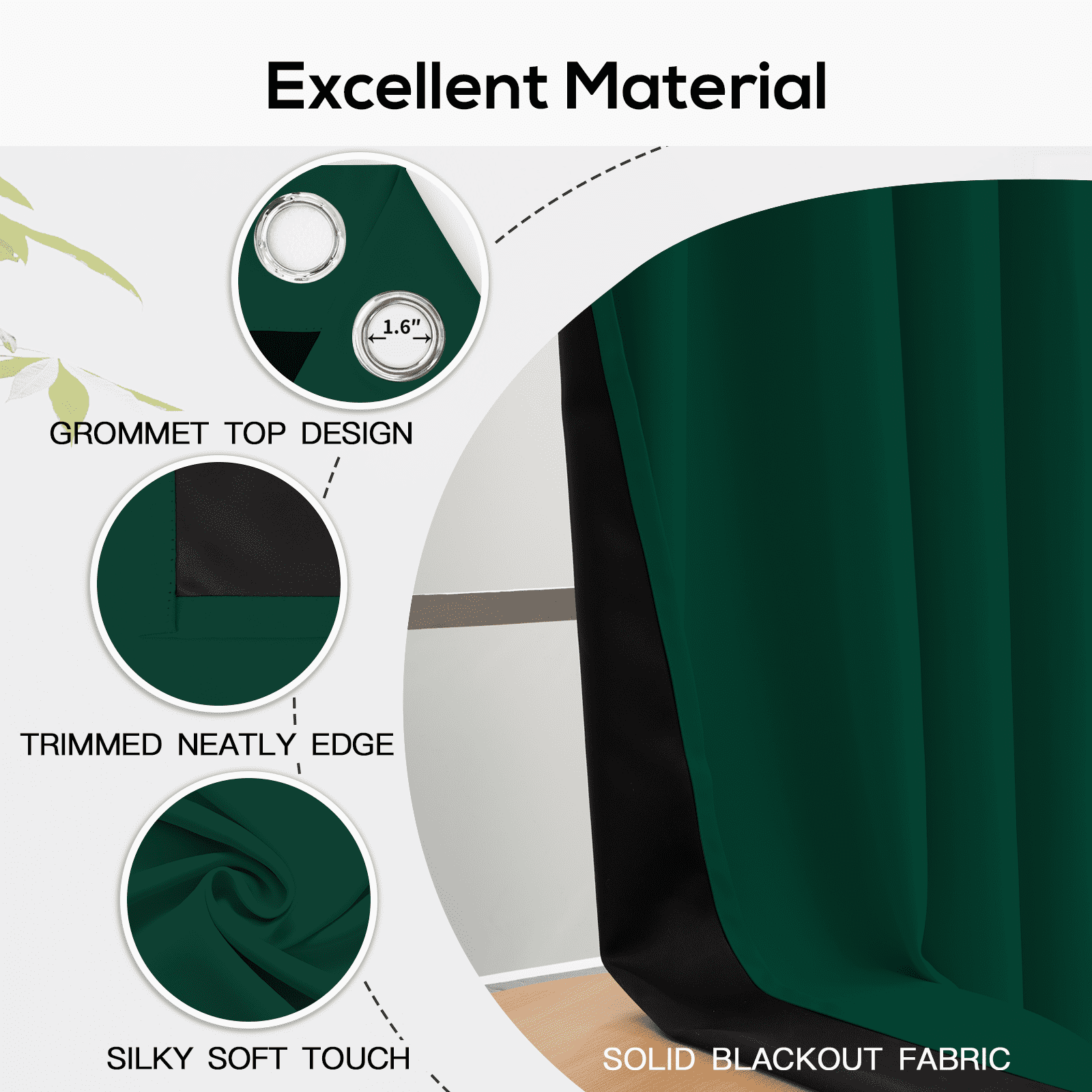 Yakamok 100% Blackout Curtains, Dark Green Curtains for Bedroom 84 inch Length with Black Backing Solid Grommet Panels for Living Room 2 Panels, 52Wx84L