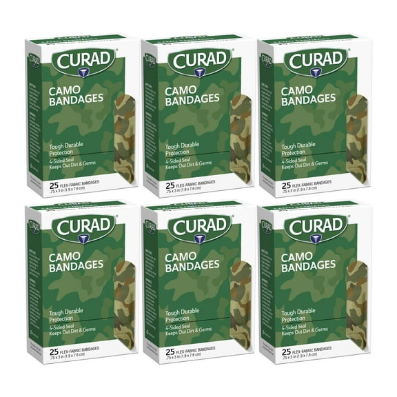 Curad Adhesive Bandages, Green Camouflage, 3/4" x 3", 25/Box, 6 Pack
