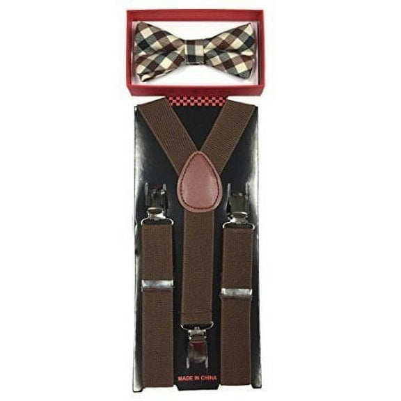 Toddler Kids Boys Girls Child Brown Plaid Suspenders Bow Tie Set Wedding