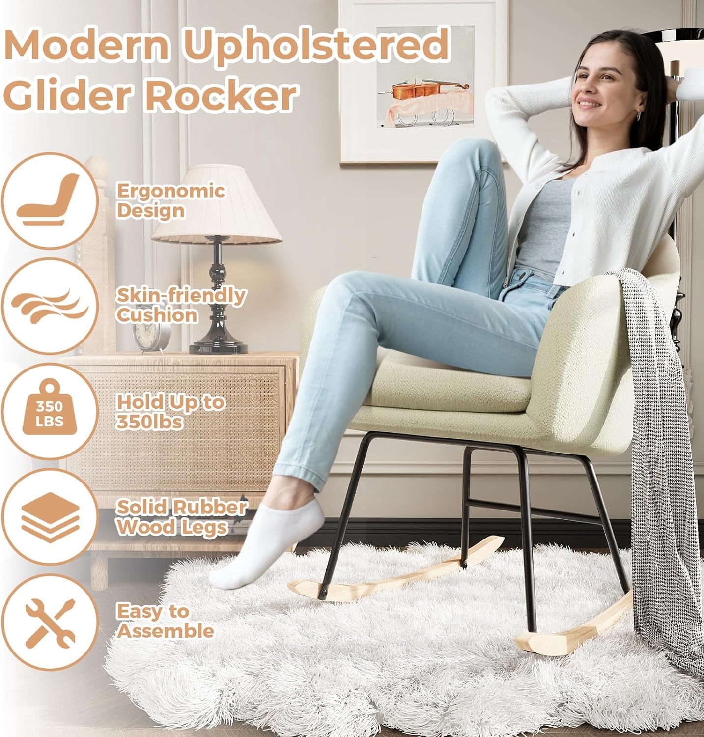Plush Upholstered Rocking Chair – Soft Glider Nursery Chair with Premium Cushions, Sturdy Rubberwood Legs & Smooth Rocking Motion, Supports 330lbs – Cozy Accent Chair for Living Room, Bedroom & Baby N