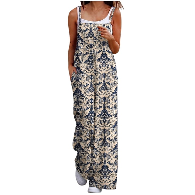 Combinaison pour Femmes, Sans Manches, Col en V, Coupe Ample avec Bretelles Arrière Réglables et Poches avant, Polyester Tenue Décontractée d'Été
