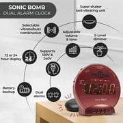 Sonic Bomb Dual Extra Loud Alarm Clock with Bed Shaker, Red | Sonic Alert Vibrating, Heavy Sleepers, Battery Backup | Wake with a Shake