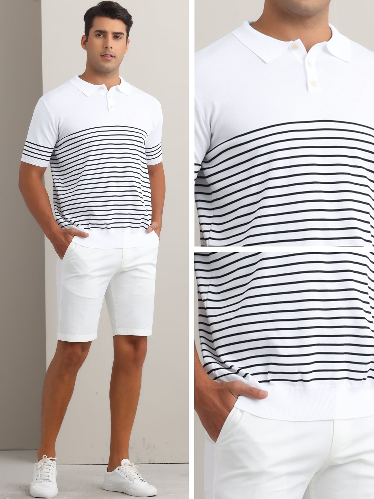 DARING DIVA Men's Knit Polo Short Sleeve Striped Golf Casual Collared T Shirt L White
