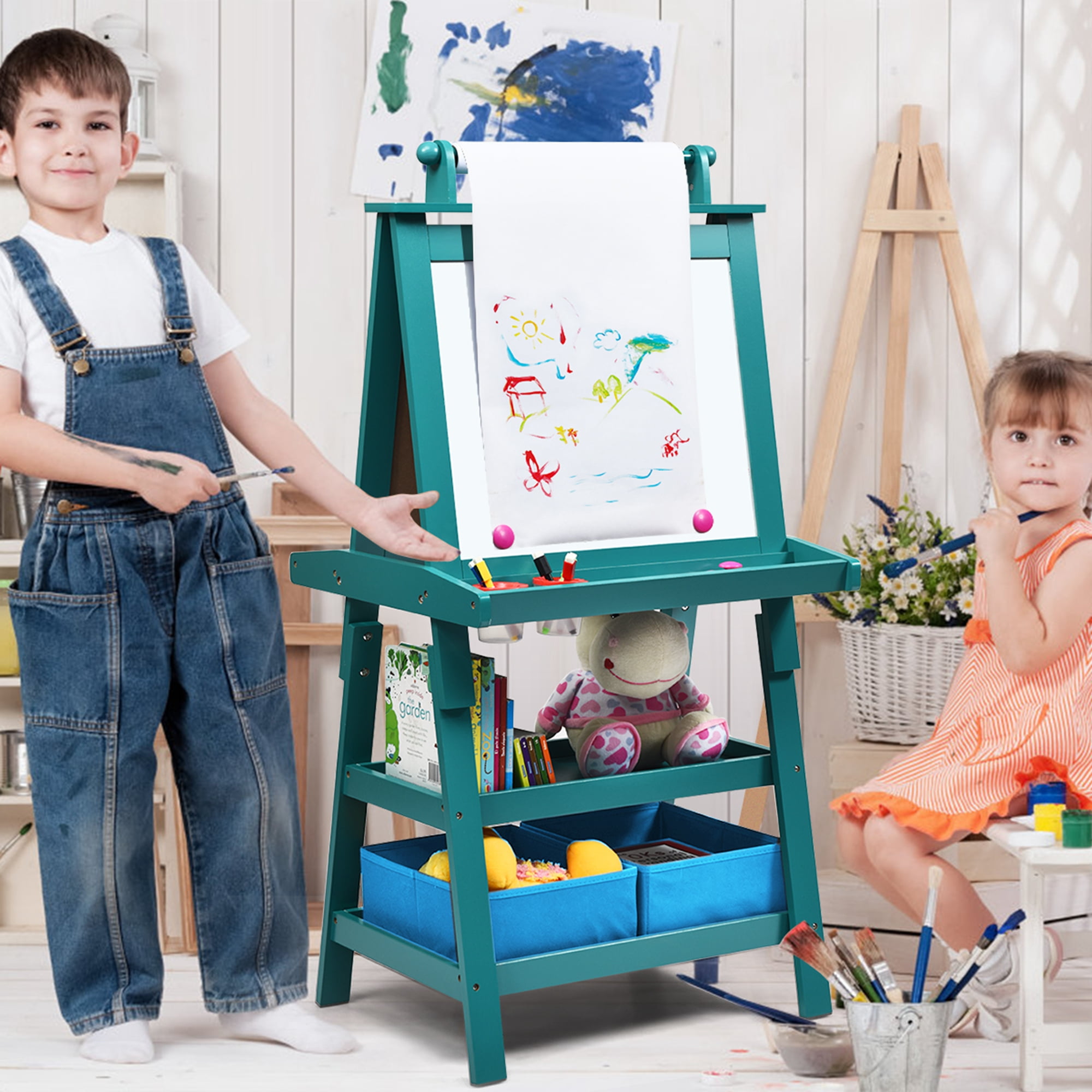 Costway 3 in 1 Double-Sided Wooden Kid's Art Easel Whiteboard Blue