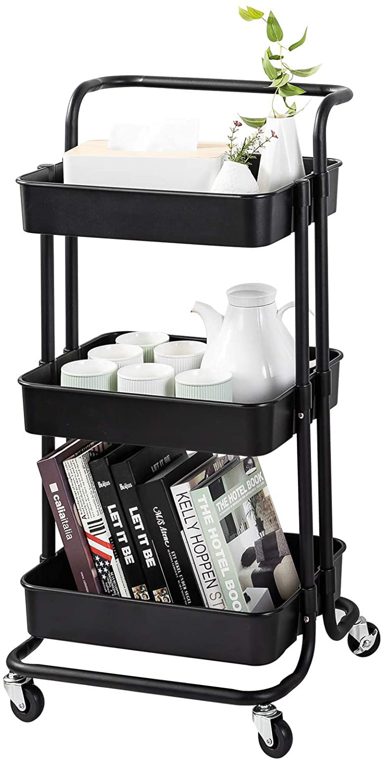 Black Multi-Purpose Rolling Cart with 3 Hanging Cups Storage Utility Cart for Home Ktchen Bathroom Office 