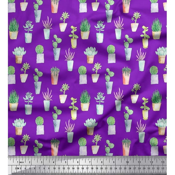 Soimoi Purple Heavy Satin Fabric Cactus Leaves Print Fabric by the Yard 54 Inch Wide