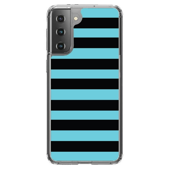 DistinctInk Clear Shockproof Hybrid Case for Galaxy S21  PLUS 5G (6.7" Screen) - TPU Bumper, Acrylic Back, Tempered Glass Screen Protector - Black & Cyan Bold Horizontal Stripes