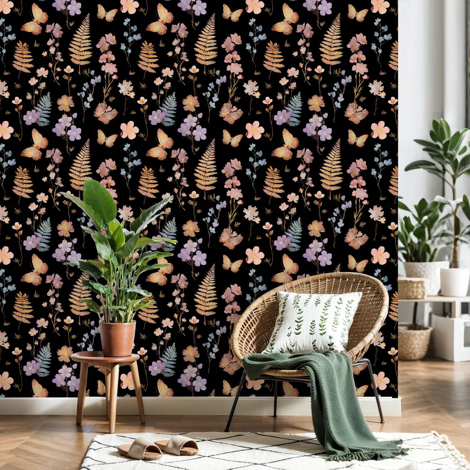 Peel and Stick Wallpaper Watercolor Floral Butterfly Black 17.7in x 118in Contact Paper Removable Self Adhesive Wall Mural Wall Decor for Bedroom Kitchen Cabinets