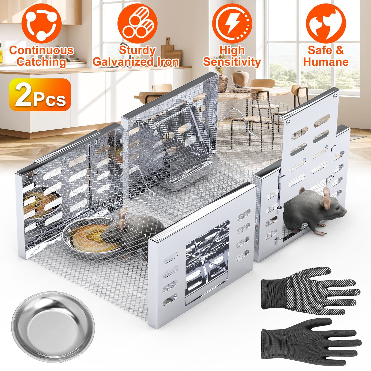 2 Pack Humane Mouse Trap Catch and Release Live Rat Cage Automatic Continuous Rodent Trap Reusable Galvanized Steel Pest Control for Home Garage Garden Farm Kitchen Chipmunk Mouse Small Animal
