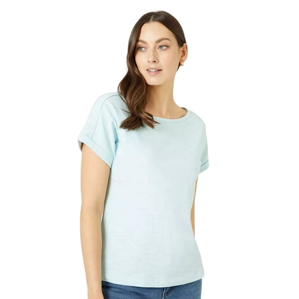 Maine - Camiseta Essential de Slub Manga Enrollada para Mujer (Azul Pálido)
