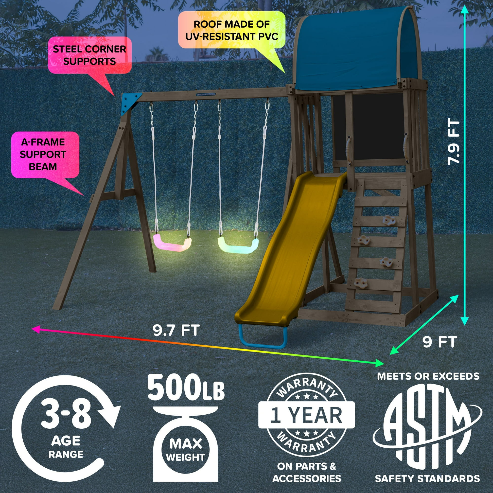 Sportspower Addison Twinkle Wooden Swing Set with 2 LED Swings