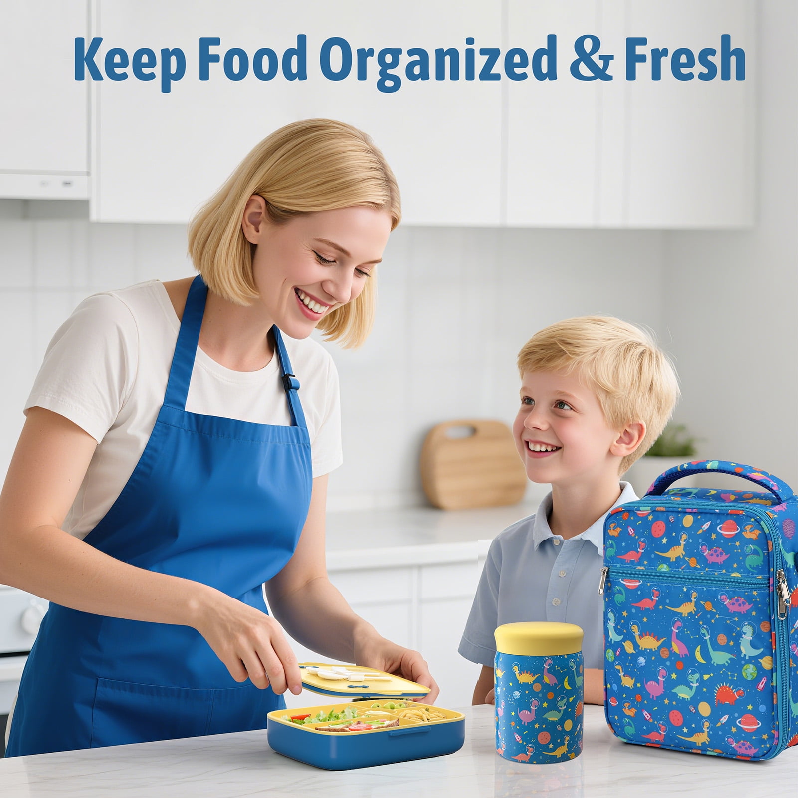 TeSabMi Bento Lunch Box for Kids Insulated Bento Box with Leak Proof Thermos Food Jar Blue Dinosaur