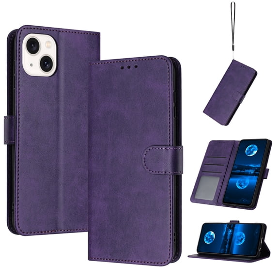 Compatible with iPhone 15 Wallet Case for Women, Premium PU Leather Flip Cover with Card Holder, Kickstand Feature Protective Purse Case for iPhone 15 with Wrist Strap,Purple