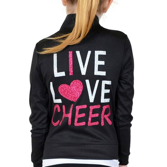 Stretch Is Comfort Girl's Glitter Live Love Cheer | Mock Neck Jacket | Child Size 4 -12