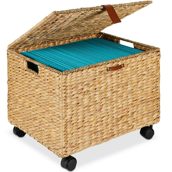 Best Choice Products Hyacinth Rolling Filing Cabinet Mobile Organizer Storage Basket w/ Lid, Locking Wheels - Natural