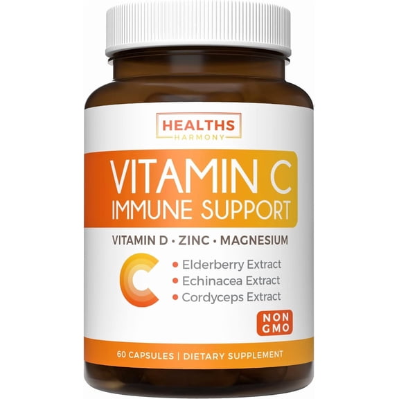 Healths Harmony Vitamin C Immune Support Supplement, Elderberry Vitamin C and Zinc, 60 Capsules