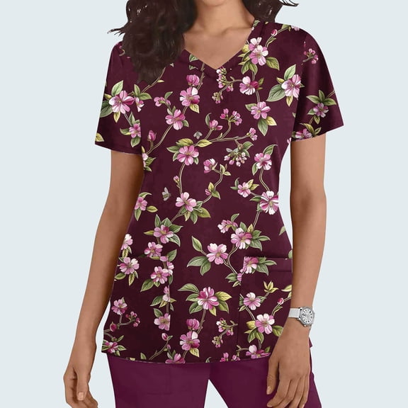 Yotami Women's Scrub Tops with Pocket Short Sleeve Floral Print V-Neck Breathable Shirt for Work Tops, Wine, M