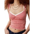 thumbnail image 2 of Women Gingham Lace Trim Square Neck Crop Tank Tops Plaid Y2K Sleeveless Slim Fitted Camis Shirts Red L, 2 of 8