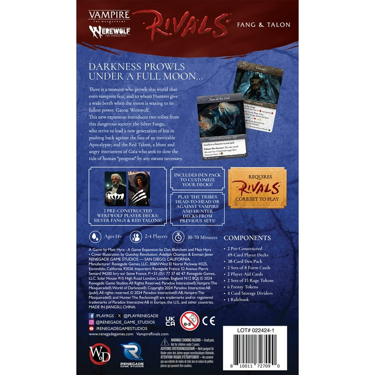 Renegade Game Studios: Vampire: The Masquerade Rivals Expandable Card Game: Werewolf: Fang & Talon - 2 Pre-Constructed 49-Card Player Decks, Ages 14+ Renegade Game Studios: Vampire: The Masquerade Rivals Expandable Card Game: Werewolf: Fang & Talon - 2 Pre-Constructed 49-Card Player Decks, Ages 14+