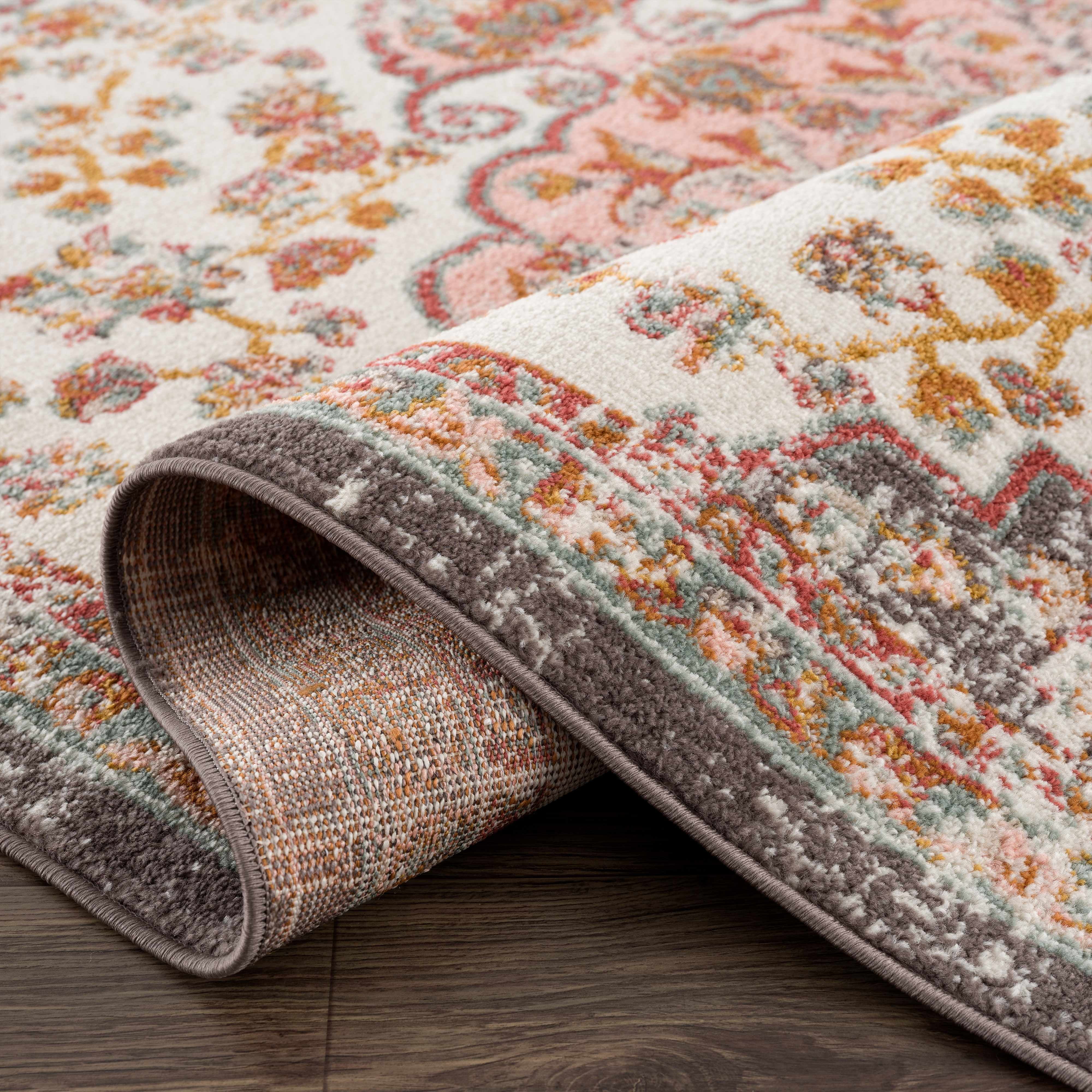 Oark Oriental Bohemian Living Room Bedroom Area Rug - Boho Vintage Distressed Carpet - Persian Medallion - Soft Color Carpet - Pink, Beige, Orange - 5'2'' x 7'