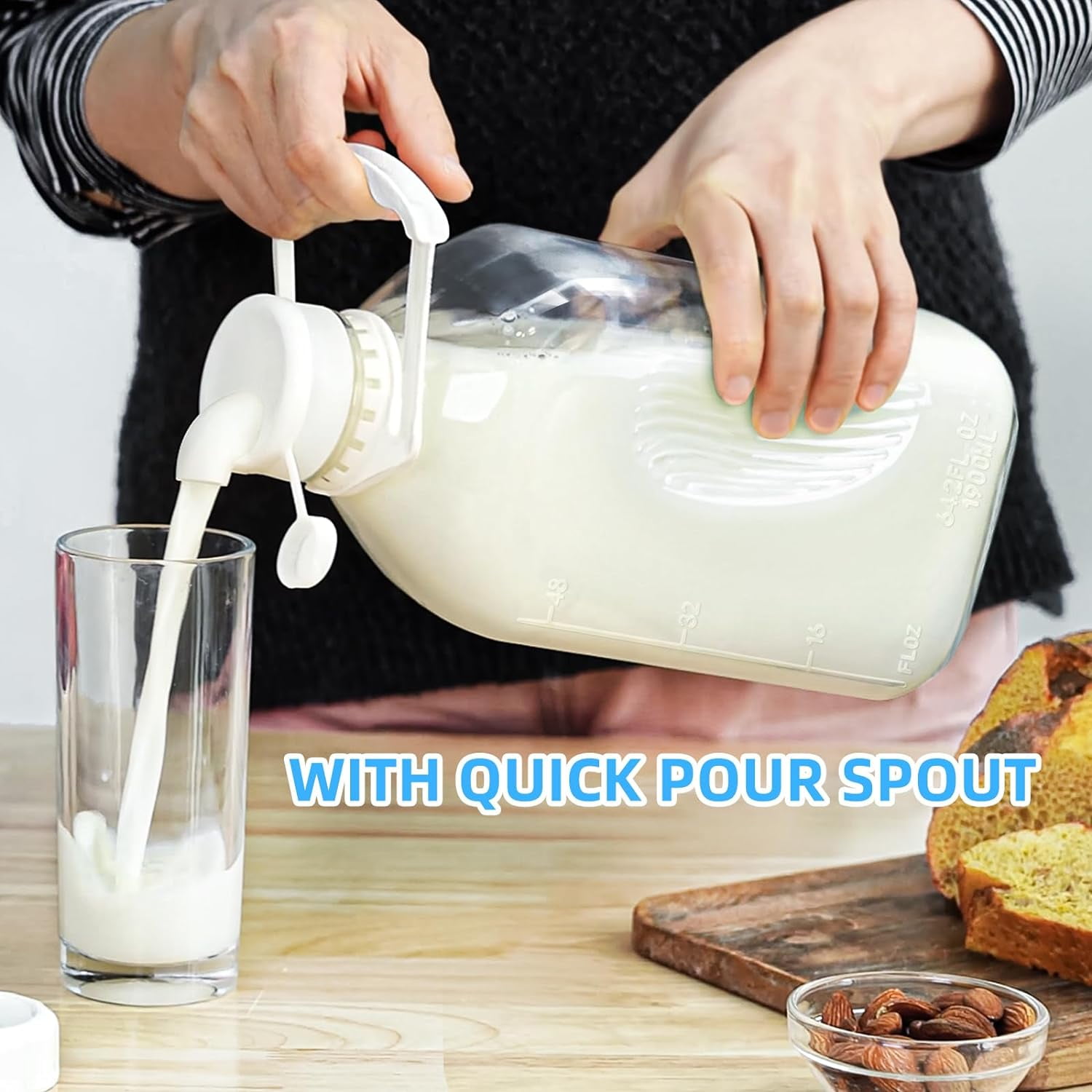 2 Qt Glass Milk Bottle with Reusable Strong Airtight SCREW LID, 64 Oz Glass Juice Bottles for Almond Milk, Oat Milk Nut Milk- 0.5 Gal Glass Water Bottle with 2 Exact Scale Lines, Extra Handle AND