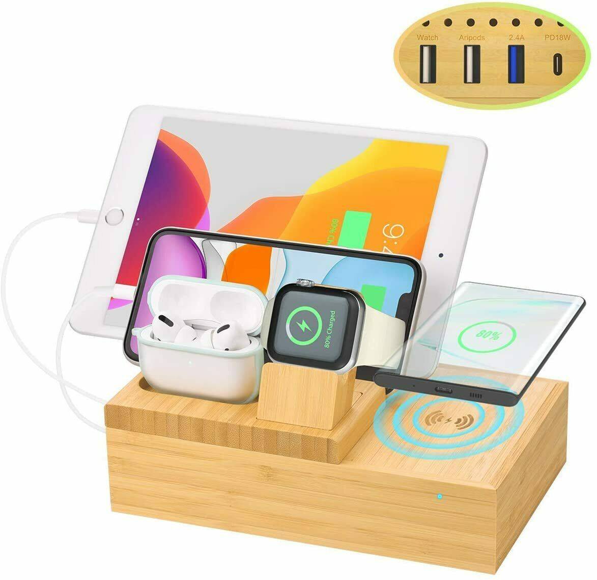 Bamboo Charging Dock Station Charger Holder Stand For iphone iWatch