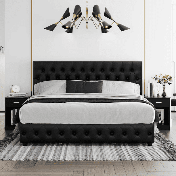 Homfa Faux Leather Storage Platform Bed Frame, King Black Bed Frame