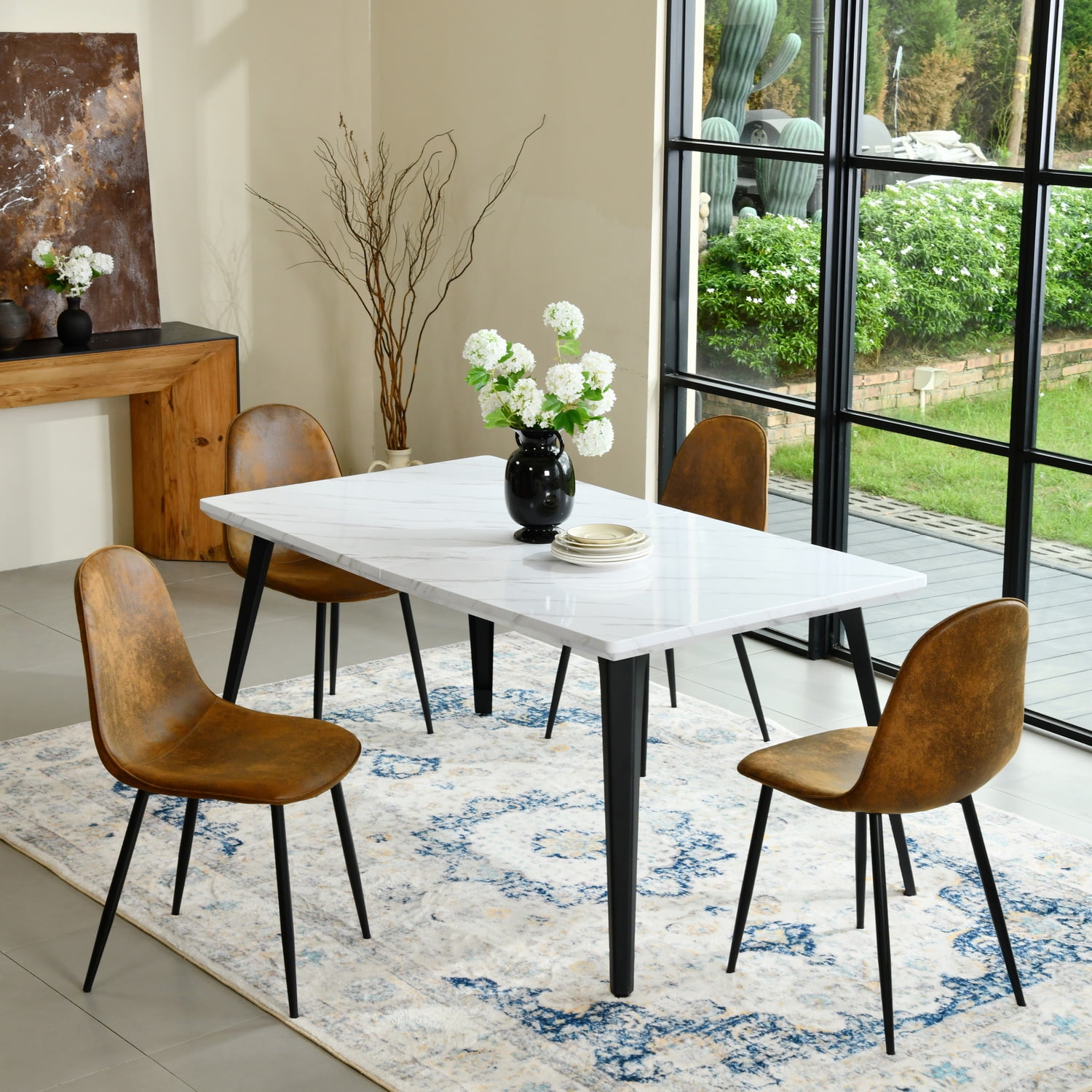 Homy Casa 63 inch Modern Dining Set, Faux Marble Wood Table with 4 Chairs, Brown Faux Suede