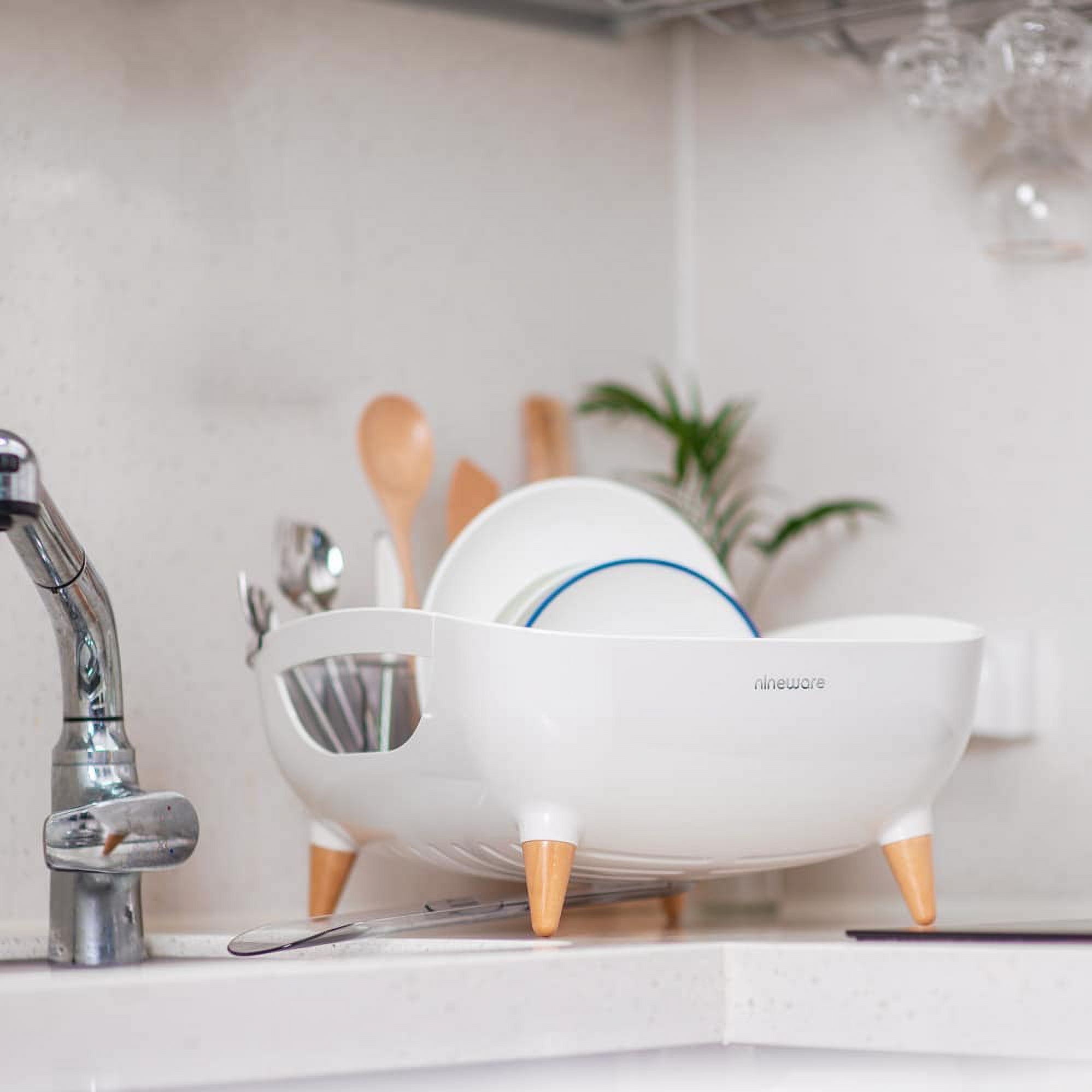 Nineware Kitchen Counter Compact Dish Drying Rack Over The Sink, 360° Rotatable Water Drain, Utensil Holder Included, Made in Korea (Cream White)
