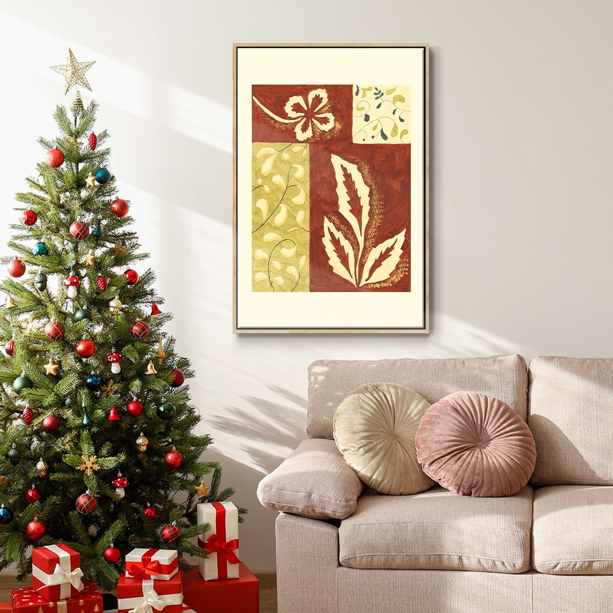 Festive Floral I - Framed Gallery Wrapped Holiday Canvas - 27 x 41 - Natural Wood Frame
