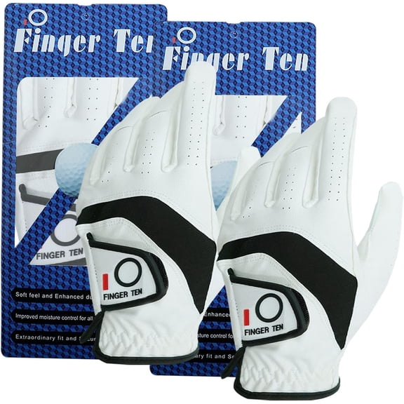 FINGER TEN Golf Gloves Men Right Handed Golfer Pu Leather All Weather Grip Value 2 Pack, Mens Golf Glove Left Hand Soft Breathable Flexible for Golfers Size Small Medium ML Large XL