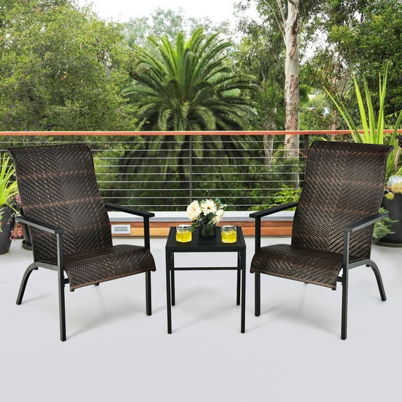 Costway 3 PCS Patio Rattan Bistro Set High Backrest Armrest SideTable Mix Brown