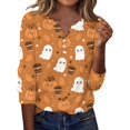 thumbnail image 2 of Halloween Tops for Women Cute Ghost Pumpkin Printed V Neck Quarter Button Long Sleeve Fashion Festival Party Top Orange L, 2 of 5