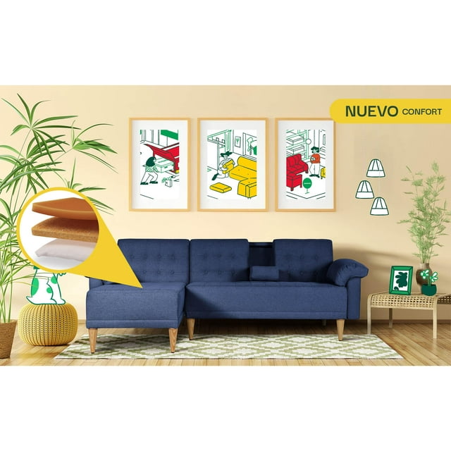 Sala Modular Reversible Makora Brunello con Memory Foam Color Azul Lino Respaldo Reclinable de 3 Posiciones