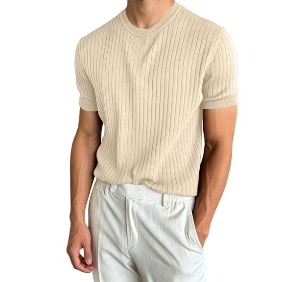 hotojiny Mens Casual T-Shirts Classic Short Sleeve Knit Tees Crewneck Ribbed Solid Shirts Comfort Business Work Tops