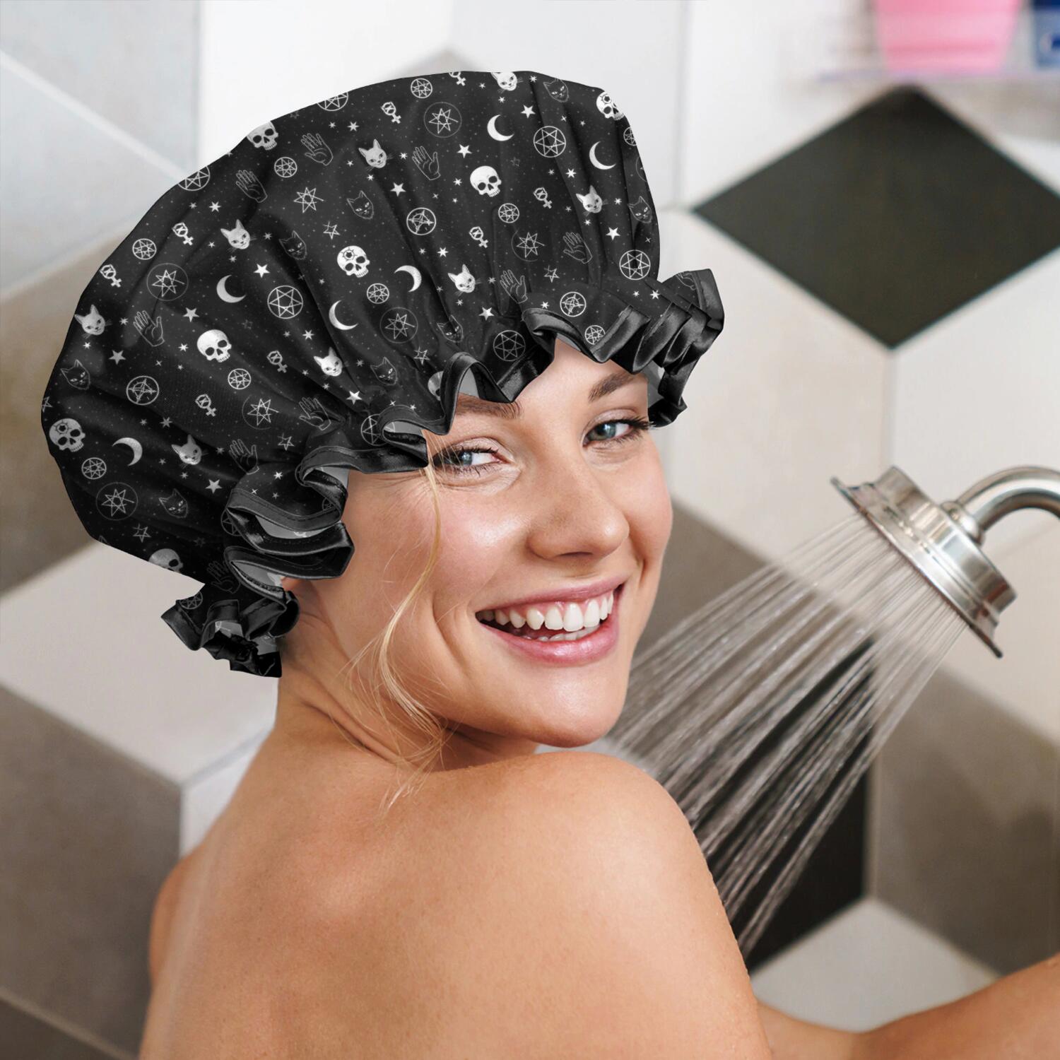 Shower Caps,Black White Gothic Cat Skull Moon Pattern Waterproof Shower Cap for Women 4 Pieces,Double Reusable Hair Cover for Shower PEVA Elastic Stretch Hem