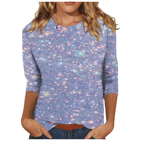 Womens Tops Short Sleeve Three Quarter Sleeve Sequin Print Fashionable Casual T Shirt Fashion Clothes Blouses Dressy Casual Women