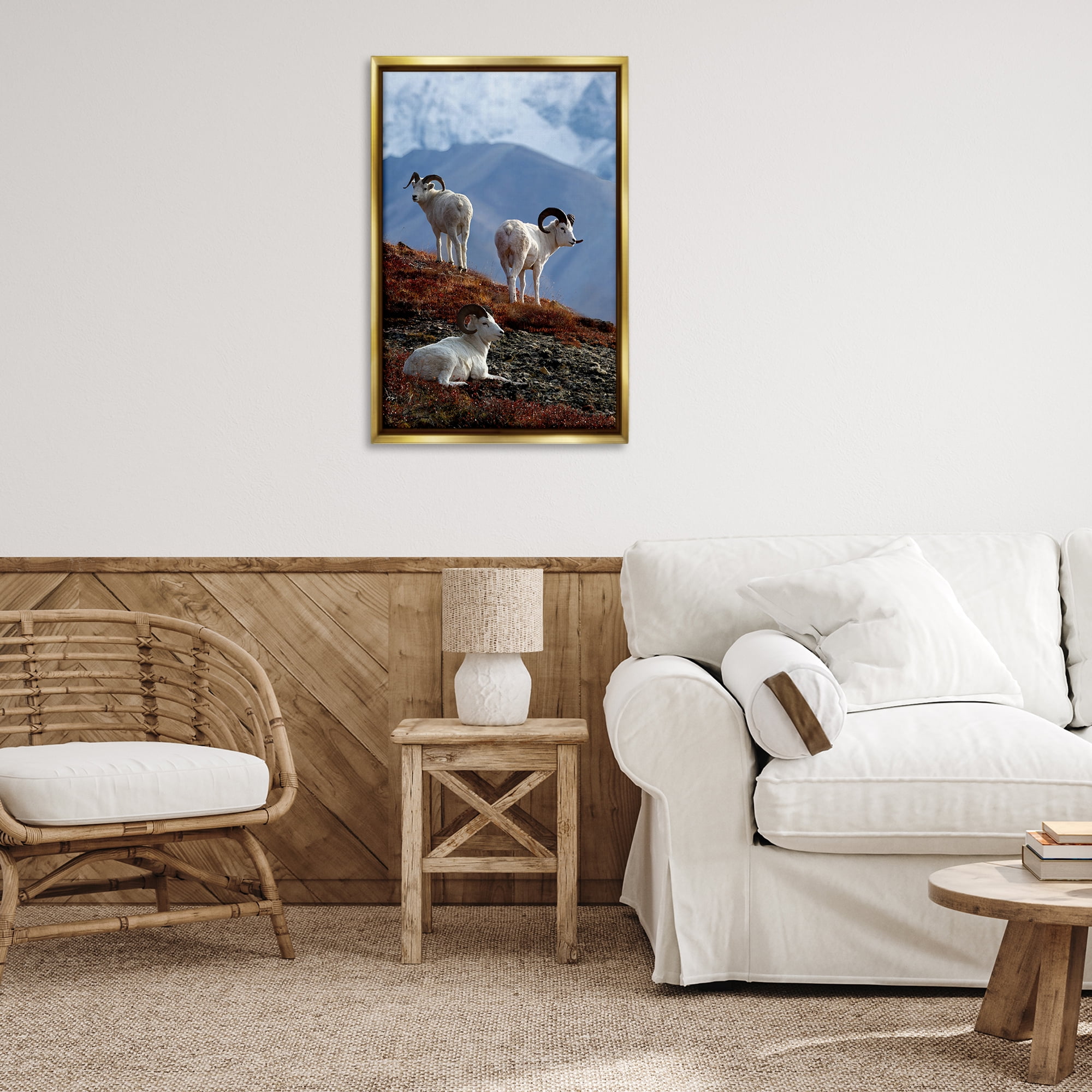 Stupell Industries Dall Sheep on Cliff Landscape & Nature Photography Gold Floater Framed Canvas Art Print Wall Art, 21 x 31