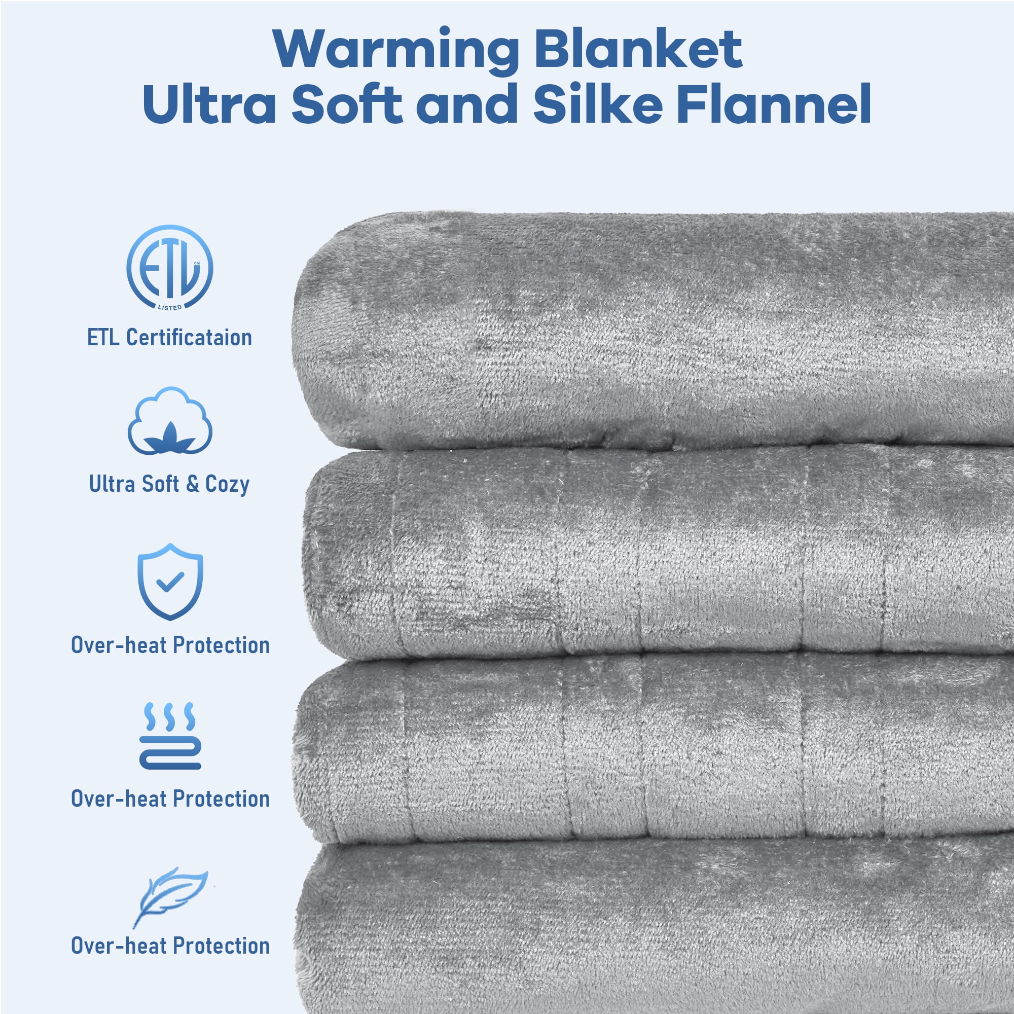 VECUKTY Double-sided Flannel Electric Heated Blanket Queen Size Dual Control, 84"x90" Machine Washable Fast Heating Blanket with 6 Heating Levels &10 Hours Auto Off,Gray